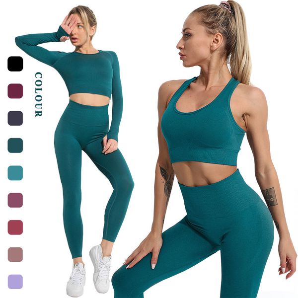 Completo da yoga senza cuciture Abbigliamento da ginnastica per ragazze Tuta da palestra Abbigliamento fitness Reggiseno sportivo Leggings Abbigliamento sportivo da donna Abbigliamento da allenamento Set da yoga Tute solide