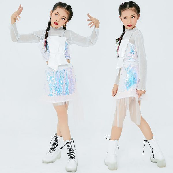 

2021 new long sleeve sequins dance costume girls jazz performance clothes modern hip hop outfit kids catwalk fashion stage wear, Black;red