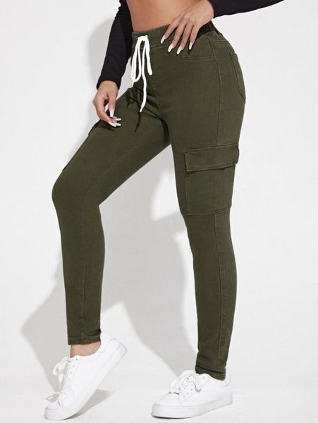 

flap pocket side drawstring waist skinny jeans 49av#, Blue