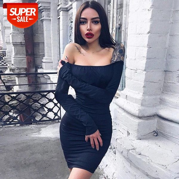 

off shoulder long sleeve high waist bodycon short mini pencil dress clubwear women dress 2021 new spring fashion #sp7v, Black;gray