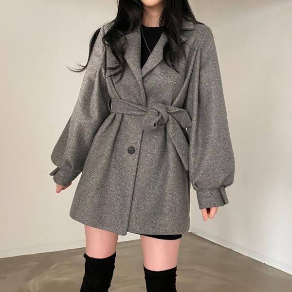 

women's wool & blends woolen mid-length gray long-sleeved jacket, Black