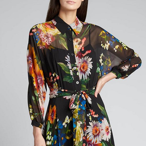 

runway spring summer new women's fashion party vintage elegant flower print belt midi shirt dress i823, Black;gray