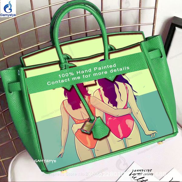 

hand drawing sisters in bikinis sea beach handbags genuine leather handle bags women messenger bag designer real cowskin, Black;red
