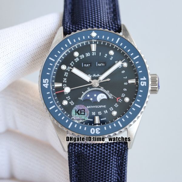 

43mm tw watch fifty fathoms bathyscape quantiÃ¨me complet 5054-1110-b52a 6654.p automatic mens watch blue dial moon phase date leather gents, Slivery;brown