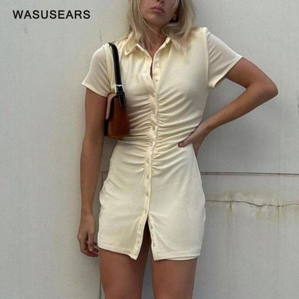 

casual dresses 2021 summer dress women party bodycon mini short sleeve ruched shirt vintage button up elegant, Black;gray