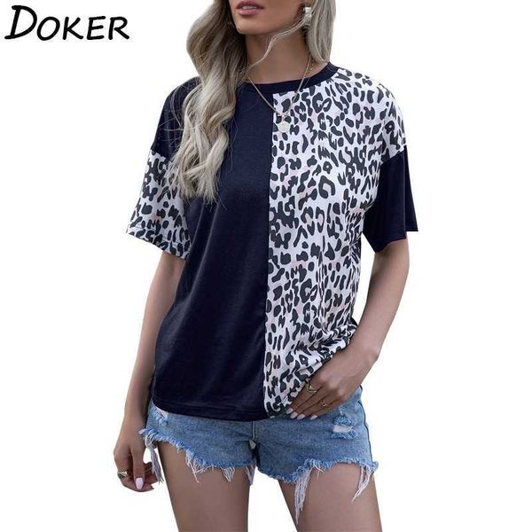 

leopard patchwork t shirt women summer fashion o-neck short sleeve plus size tshirt casual oversized tee femme 210603, White