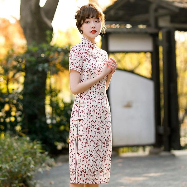 

ethnic clothing love printed lace vestidos improved chinese dress elegant slim retro button qipao mandarin collar oriental cheongsams g, Red