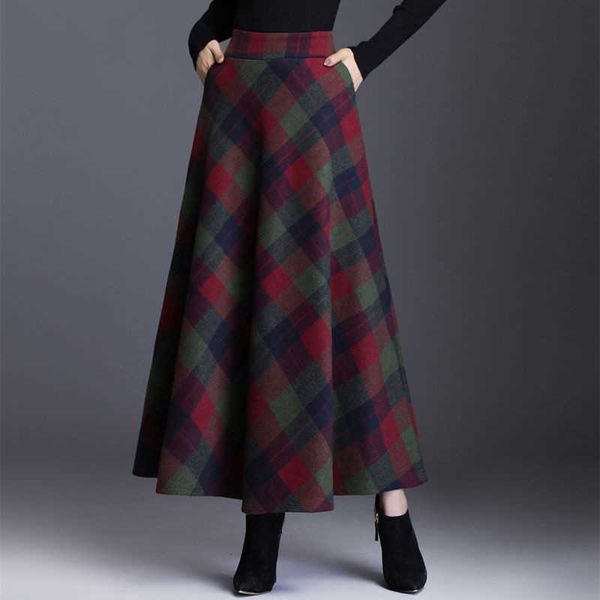 Xadrez de cintura alta saias longas para as mulheres outono inverno elegante moda coreana maxi saia mãe plus size 3xlcasual saia solta lã 210619