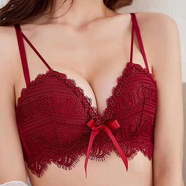 

floral bow bras for women lingerie bralette wireless brassiere female push up intimates deep v bh red plus size ab 36, Red;black