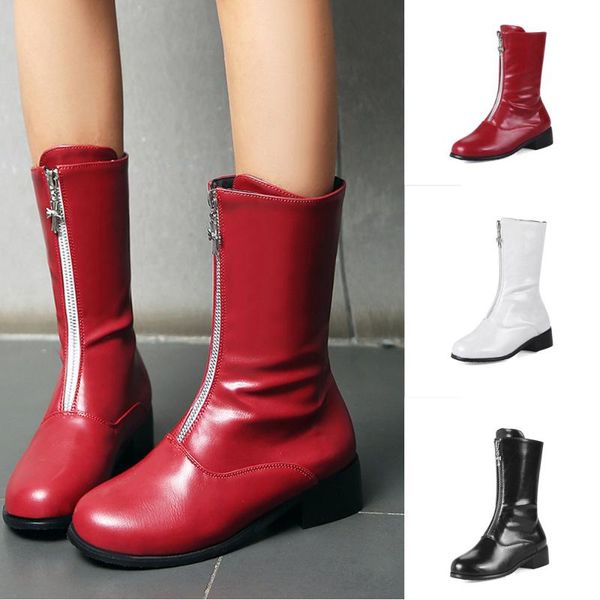 

boots women leisure zipper shoes platform thick heel non-slip round toe outdoor pu leather winter female t#, Black