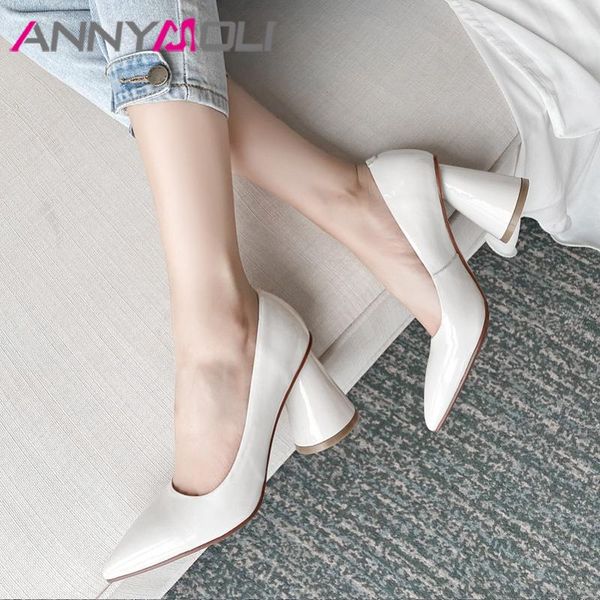 

dress shoes annymoli women pumps high heels natural genuine leather super heel cow patent pointed toe office ladies, Black
