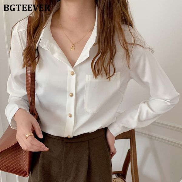 

women's blouses & shirts bgteever office ladies chiffon white chic turn-down collar one pocket loose female long sleeve blusas femme 20