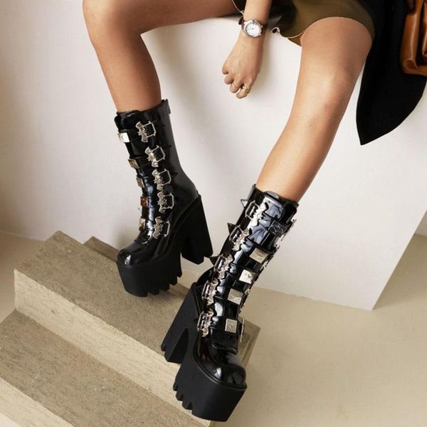 

boots 2021 autumn and winter women's high leather zipper quality female heels large size platform shoes 34-43, Black
