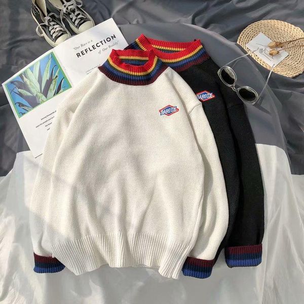 

women's sweaters autumn and winter high-necked retro knitted sweater warm korean version of color matching wild loose lazy style, White;black
