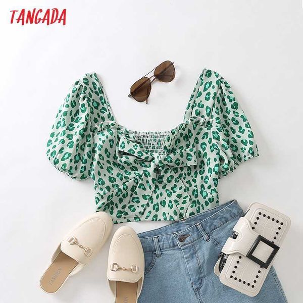 

tangada women retro green leopard print bow crop shirt short sleeve summer chic female slim shirt 2m175 210609, White