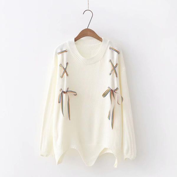 

women's sweaters multicolor lace up brief o-neck long sleeve knitted pullover mori girl, White;black