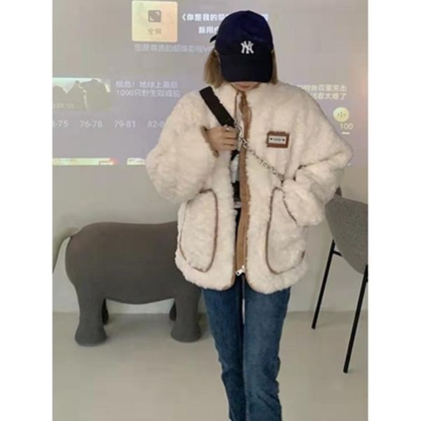 

women's fur & faux 2021 winter lamb cashmere plush thickened coat, Black