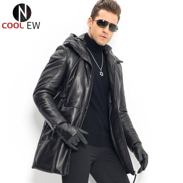 

men's leather & faux winter mens hoody genuine mid long jacket real sheepskin down coat slim fit overocat bikers windproof, Black