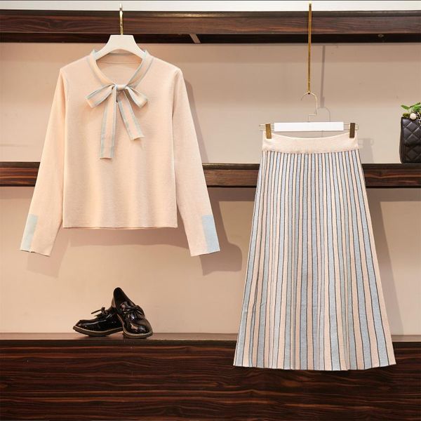 

women's tracksuits runway fall winter chic knitted bow tie sweater + high waist stripe skirts elegant lady 2 piece set suit, Gray