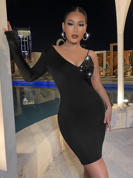 

sxy contrast sequins asymmetrical neck bodycon dress 18wo#, Black;gray