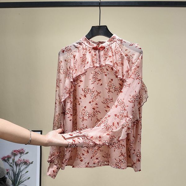 

plus size floral printing chiffon blouser female sleeve long pink ruffle female shirt 2021 spring summer 9oy0, Black