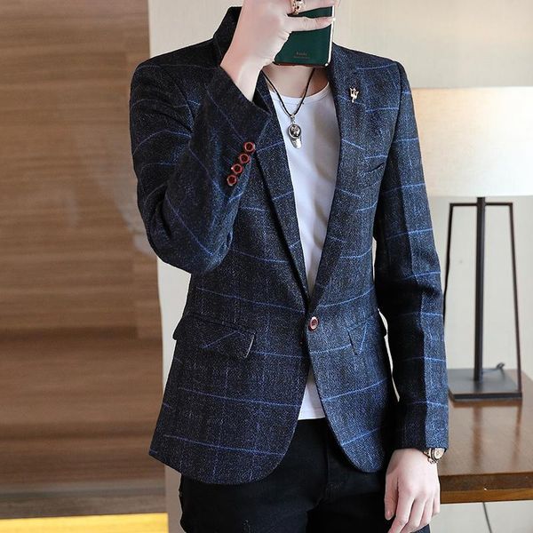 

men's suits & blazers 2021 men's business fashion slim linen non-iron one-button plaid suit dress for men, White;black