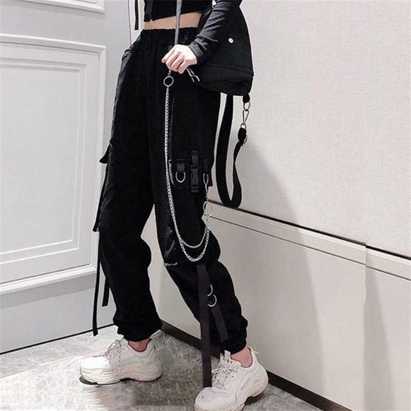 Calças de carga fivela faixa de fivela jasgador de bolso elástico cintura alta streetwear harajuku calça punk anel calça fêmea fêmeas 211216