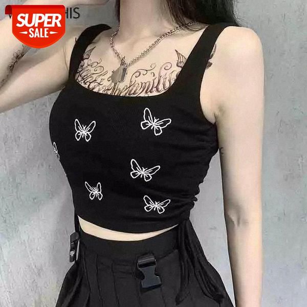 

wannathis black sleeveless butterfiy print camisole backless crop ruched women summer vacation new backless crop #h63f, White