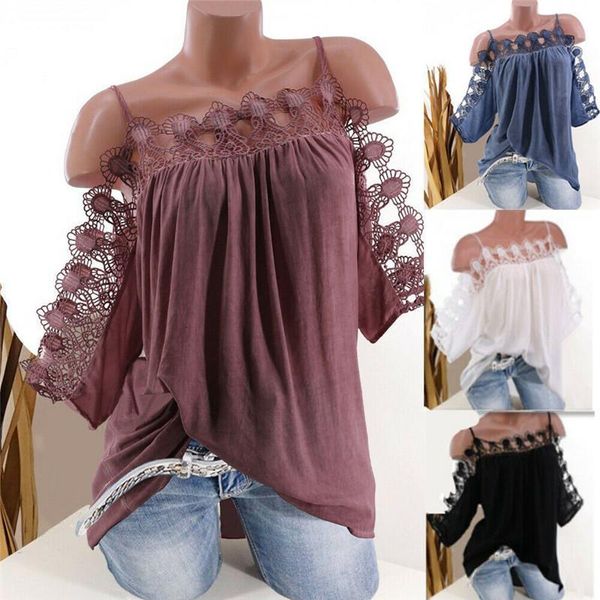 

womens lace cold shoulder t-shirt loose casual tunic solid blouse plus size strappy short sleeve off shoulder, Gray