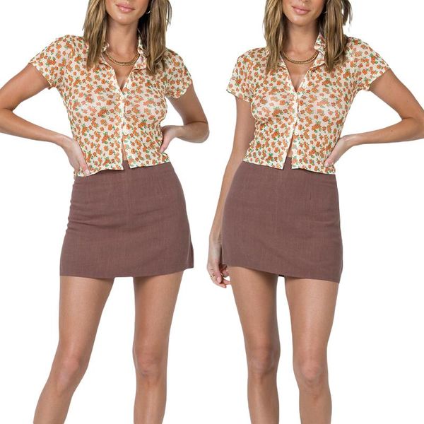 

running jerseys women summer crop , adults see-through button down floral short sleeve lapel t-shirts 2021 fashion, Black;blue