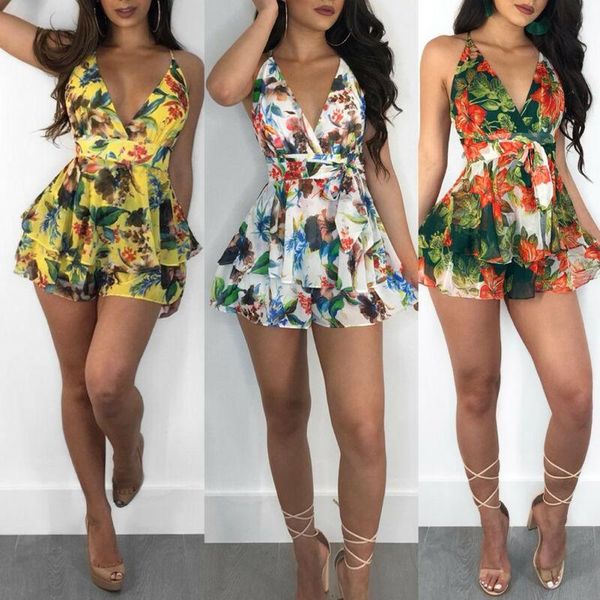 

women's jumpsuits & rompers 2021 beach summer floral v neck backless jumpsuit bodycon playsuit short romper, Black;white