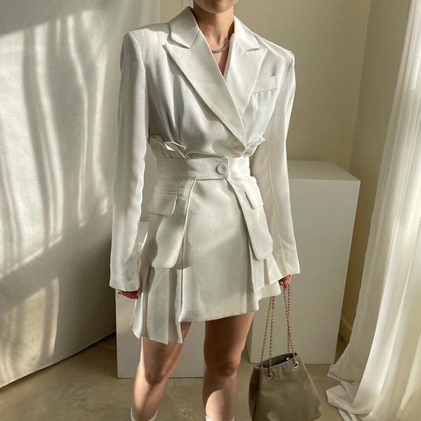 

casual dresses korean white pleated suit dress for women notched long sleeve irregular high waist sashes slim mini female 2021 fall, Black;gray