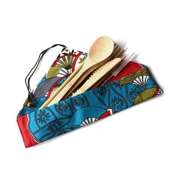 

6 designs bamboo flatware set 7pcs/set portable cutlery set with cloth bag dinnerware set knife fork spoon chopsti jllaci sport77777