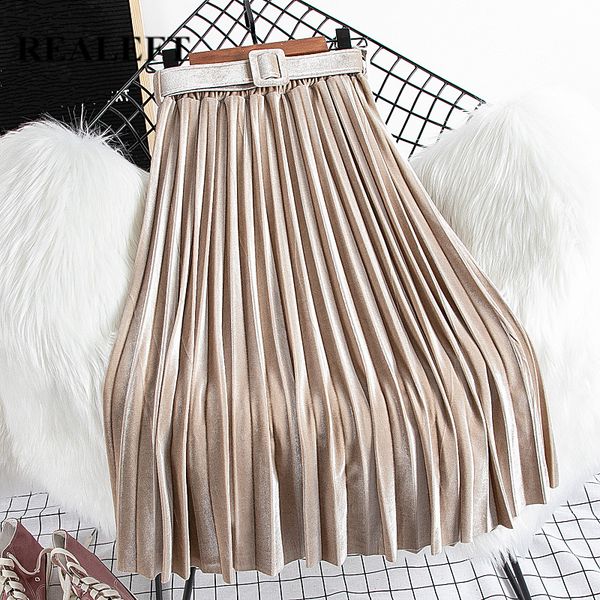 

realeft chic velvet pleated skirts new autumn winter high waist women's long skirts with belt korean style skirts female 210305, Black