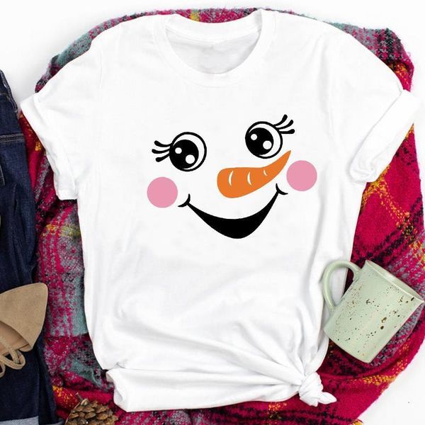 

women lady snowman cartoon happy new year 90s holiday happy christmas print tshirt clothes graphic female t tee t-shirt, White