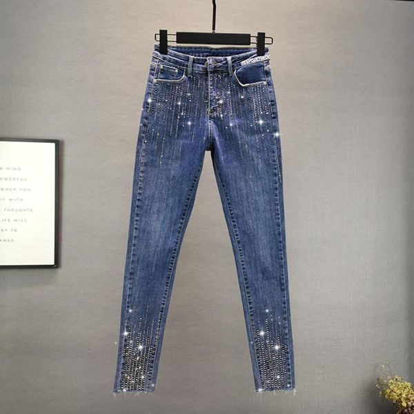 

women's jeans plus size fashion denim pants woman 2021 spring fall cotton elastic women drilling skinny pencil street jean, Blue