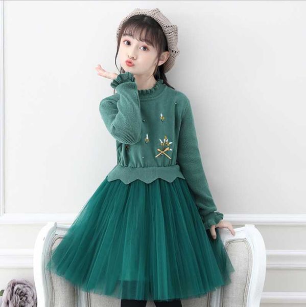 

girl's dresses princess dress autumn and winter long-sleeved fashion girls green knitted sweater clothes solid color korean mesh kirt, Red;yellow