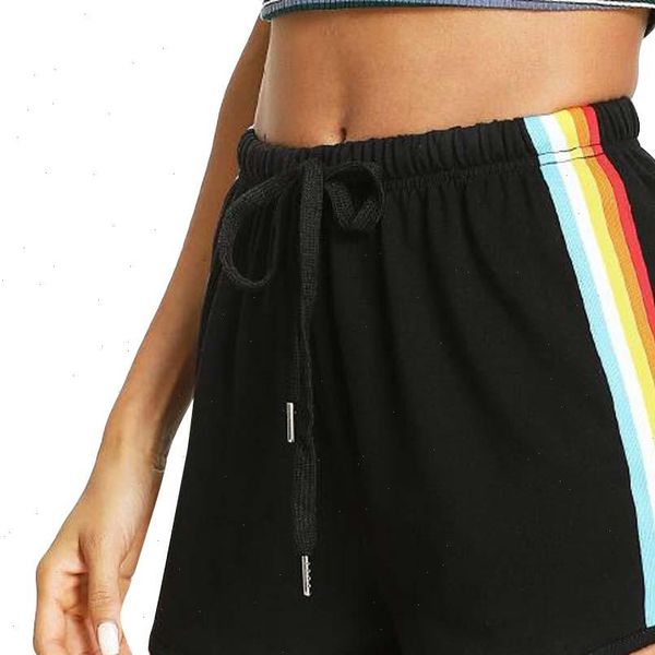 

new women rainbow slim shorts ladies black mid waist summer shorts workout striped casual elastic loose shorts femme p, White;black