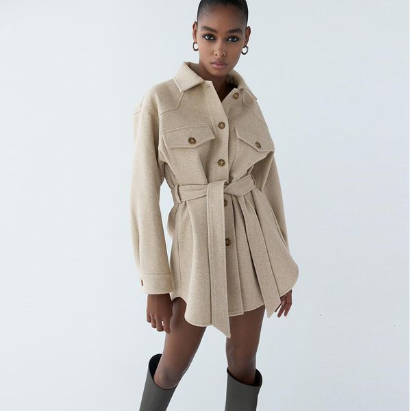 

2021 new autumn winter woolen women's large chest pocket fashion women jacket belt with overcoat female casual wool coat 4o85, Black