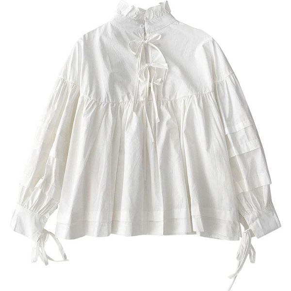 

2021 women streetwear blouse spring autumn new solid stand puff sleeve lace up loose casual wild female fashion shirts, White