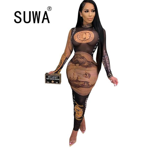 

casual dresses vintage printed women evening party and wedding 90s long sleeve bodycon midi gowns elegant french style plus size 3xl, Black;gray