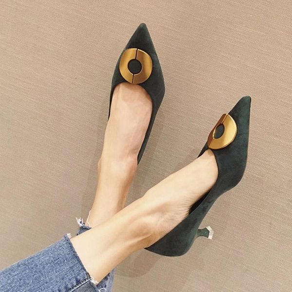 

dress shoes 2021 spring woman pointed toe high heels round metal boat women office lady shoe black 8003g