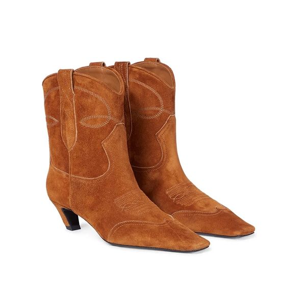 Stivali da cowboy da donna Punta a punta Tacco basso Stivaletti da donna Scarpe da cowgirl in pelle di lusso Scarpe di design gotico in stile europeo