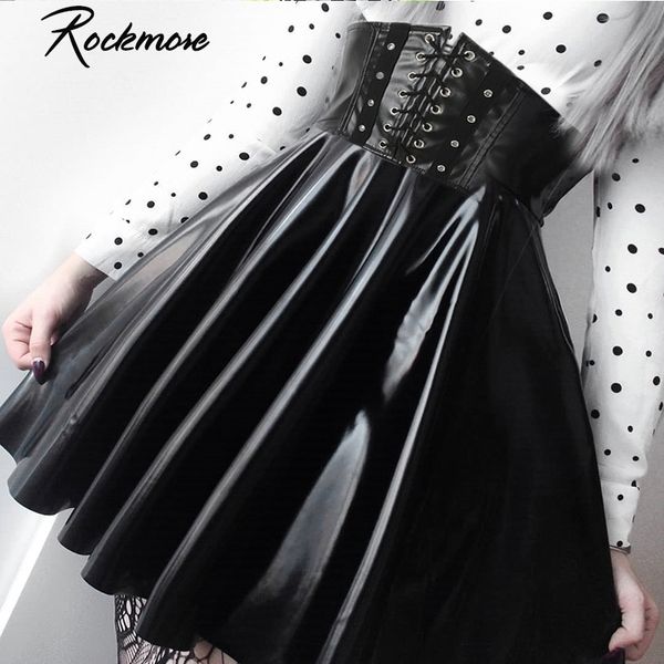 Rockmore PU Couro Nightclub A-Linha Mini Saia Mulher Zipper Gothic Punk Estilo Alto Cintura Sexy Micro acima das saias do joelho Mulher 210309