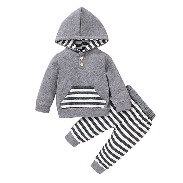 

boys clothes sets 0-24 month 2021 fall winter newborn baby long sleeve hooded t-shirts and striped elastic long pants outfits, White