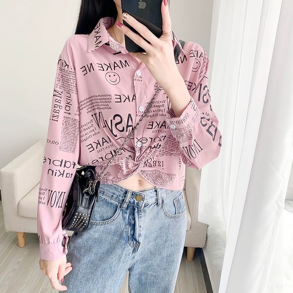 

2021 new tie front blue pink summer white cardigan casual long sleeve button up newspaper shirt crop women 12 cj5i