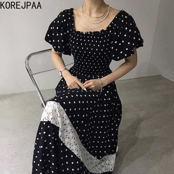

korejpaa women dress summer korean chic girl french polka-dot square collar wooden ears ruffled hem lace stitching vestidos 210526, Black;gray