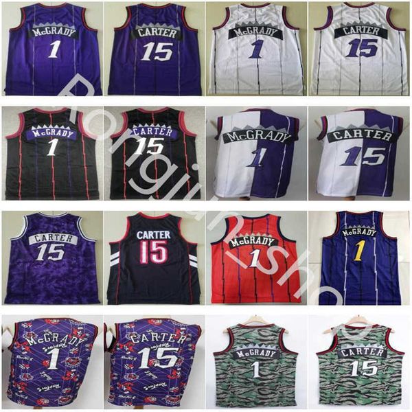 

1998-99 retro mitchell & ness vince 15 carter basketball jerseys tracy 1 mcgrady man purple white black mesh vintage shirts stitched, Black;red