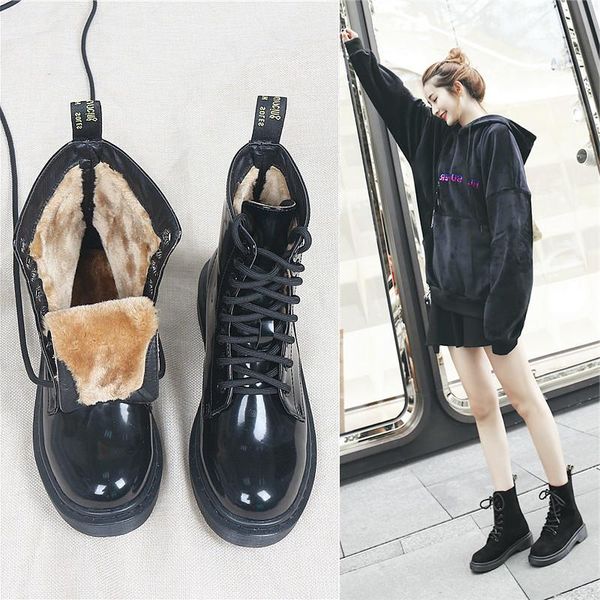 

boots winter women patent leather quality warm fur plush motorcycle snow black street ankle ladies shoes