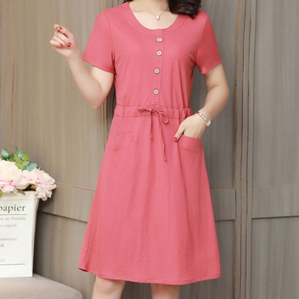 

Streetwear Color Solid Knee Length Cocktail Dresses Women Round Neck Short Sleeve Drawstring Waist A-Line Dress, Blue